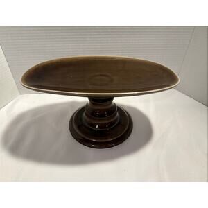 Vintage Brown Oval Ceramic Pedestal Riser, Centerpiece, Accent Home Decor